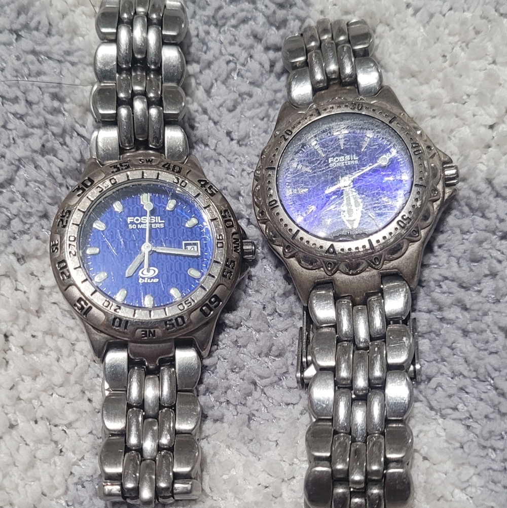 2 Silver Fossil Watches, Women's Watches with Blue Dials, Y2K